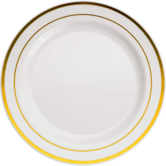 12 Packs: 10 ct. (120 total) 7.5&#x22; Round Lunch Plates with Gold Trim by Celebrate It&#x2122;